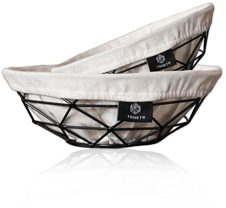 FRIHET 2-in-1 Brotkorb modern | Obstschale | Metall | 2er Set | waschbare Einlage aus 100% Baumwolle | rund | schwarz | Aufbewahrungskorb | Gr. 1: Ø 20 cm x H 8 cm, Gr. 2: Ø 26 cm x H 9 cm