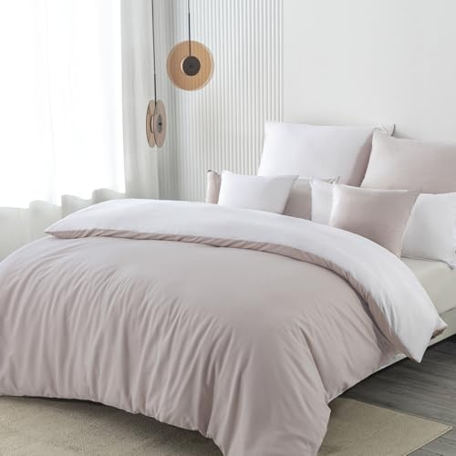Nesture Ropa de cama de 200 x 220 cm, 3 piezas, color beige/blanco, ropa de cama reversible de microfibra de 200 x 220 cm, suave y no necesita planchado, 1 funda nórdica y 2 fundas de almohada de 80 x