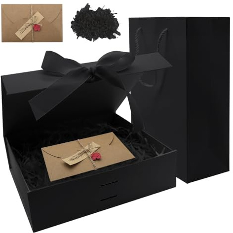 Geschenkbox mit Deckel Schwarz Geschenkkarton mit Magnetverschluss und Schleife Tasche Raffia Grußkarten Geschenkkiste für Geburtstag Hochzeit Weihnachten(26×19×8cm)
