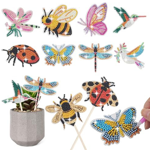 SWATOM 10PCS Diamond Art Kits for Adults for Garden Decor with Butterfly, Hummingbird, Ladybug, Bee, Dragonfly Stakes Diamond Painting Ornaments Kits for Indoor Outdoor Yard Decoration Crafts
