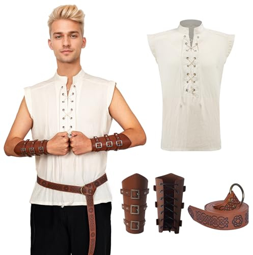 MVFEUIJ Set di abbigliamento medievale rinascimentale da uomo con lacci, camicia con cintura, accessori per polsi, camicia in lino vittoriano senza maniche (L)