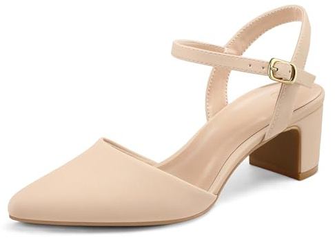 mysoft Women's Pumps 2 Inch Chunky Block Heel Pointed Toe Ankle Strap Slingback Wedding Party Dress Shoes Nude Nubuck