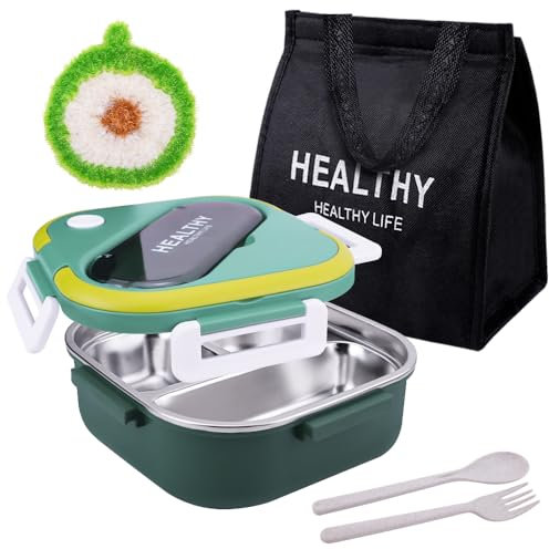 Lunch box bento avec couverts, lunch box 1300 ml avec compartiment inox, lunch box hermétique adaptée pour pique-nique, travail, goûter, école, livrée avec sac isotherme et boule de nettoyage