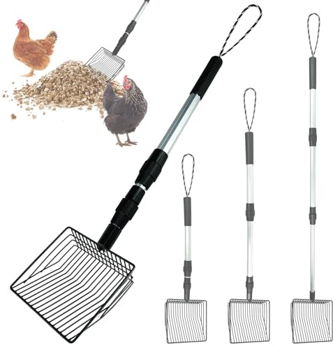 Chicken Poop Scooper 3 in 1 Adjustable Long Handle Litter Metal Scoop Heavy Duty Metal Chicken Poop Scooper Litter Sieving Shovel, Chicken Coop Accessories (22-41.7)