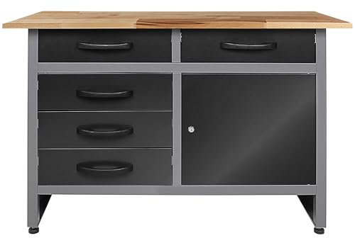 Ondis24 Werkbank Metall mit Schubladen, Schubladen & Türen, Werkstatt Metall 120 cm, Werktisch 120cm, Montagewerkbank, 28mm Buchenholzarbeitsplatte (120 cm und 5 Schubladen)