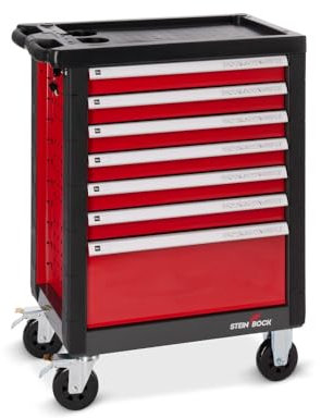 Steinbock Werkstattwagen L mit 178-teiligem Werkzeugsatz | 7 Schubladen mit Arretierung | 90% Schubladenauszug | HxBxT 97 x 77 x 46 cm | Abschließbar | Feststellbremsen | vormontiert | Schwarz/Rot