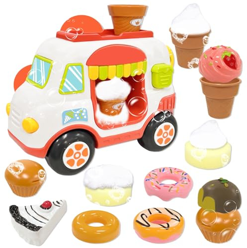 VBACALA Juegos para el baño del bebé-14 Piezas,Carrito de Helados con ventosas, Accesorios para Hacer pompas, Regalo, Juguetes acuáticos para niños de 3, 4, 5 y 6 años