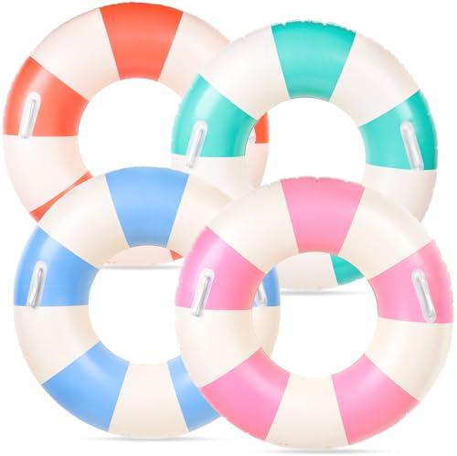 FYSUIMU 4Pcs Inflatable Pool Float with Handle 4 Colors Classic Striped Swim Rings Swimming Pool Tubes for Teens Summer Beach Bachelorette Party, 30 x 14 Inch