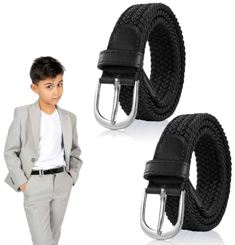 SAIIURV 2 Pièces Ceinture pour Enfants, Ceinture sans Trou, 2,5CM de Large et 80CM de Long, Ceintures de Baseball de Golf à Boucle, Ceintures élastique Tressée pour Pantalons, Jeans, Robes(Noir)