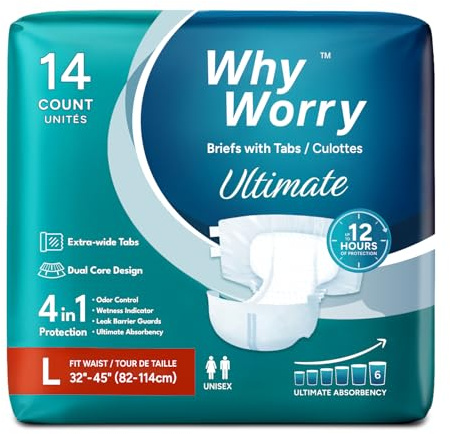 WhyWorry Ultimate Adult Nappies for Men & Women, Disposable Adult Diapers for Incontinence with Ultimate Absorbency, Incontinence Slip for Overnight Protection, Unisex, Odor Control, Large, 14 Count