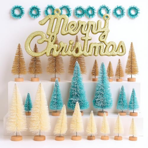 Mini Christmas Tree Table Decorations: 24 Pcs Wooden Artificial Small Xmas Village Pine Bottle Brush Trees with Bases Dollhouse Tabletop Ornaments for Winter Craft Party Home Decor