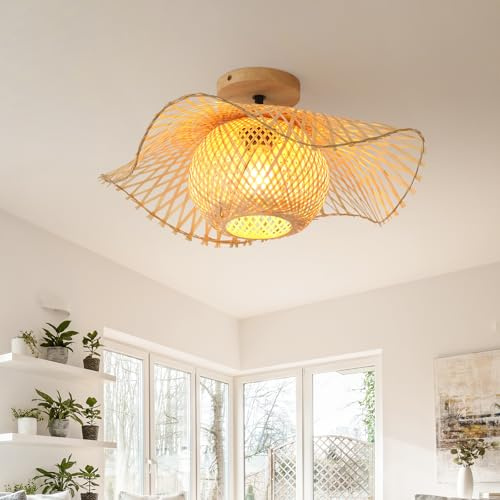 Schindora Deckenlampe Boho,Bambus Und Holz Deckenleuchte FüR KüChe,E27 Handgewebt Lampenschirm FüR Schlafzimmer Wohnzimmer Esszimmer Restaurant,48Cm