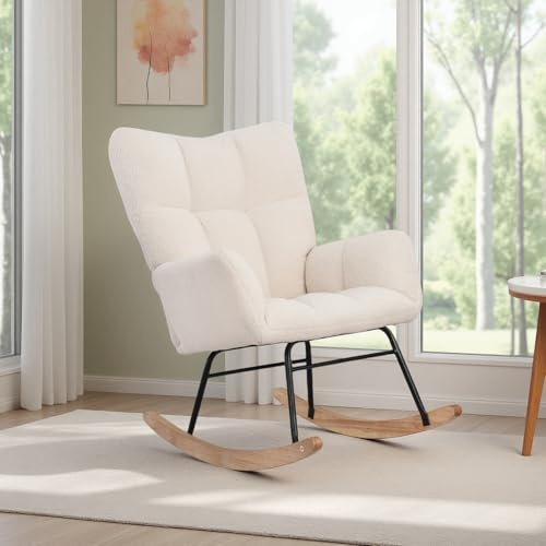 Yeutre - Silla de lactancia, silla mecedora de terciopelo Teddy con apoyabrazos y patas de madera, para dormitorio y salón (Beige 1)