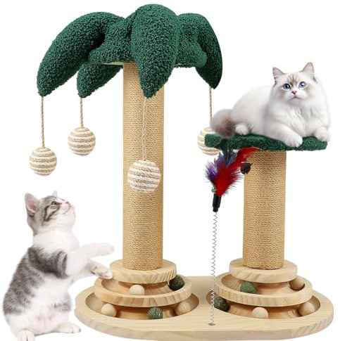 6 en 1 Griffoir pour Chat de 49 cm Colonne Double Design Moderne et Stable Griffoir Chat D’intérieur et Chats Adultes Poteau à Gratter avec Balle Interactive et Jouets Mignons, Sisal pour Chats Vert