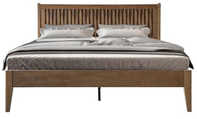 King Size Bed Frame, Solid Wood Platform Bed with Headboard & Footboard, 12 Sturdy Slatted Structure, Central Metal Legs, Easy Assembly, Noise & Anti-Slip, No Box Spring Needed, Barnwood Finish OLK-30