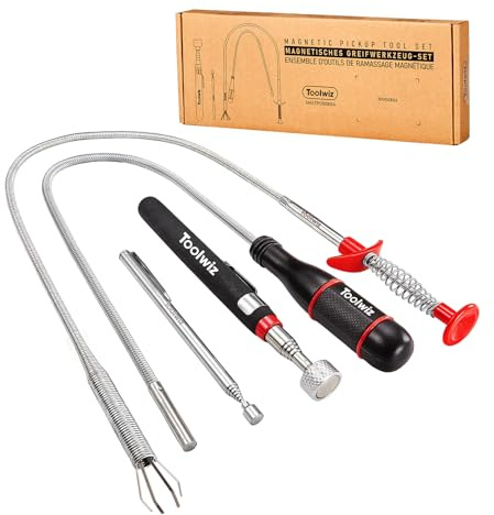 Toolwiz Lot de 4 outils de ramassage magnétiques – Pince extensible avec griffe flexible, aimant de 3,6 kg pour articles difficiles à atteindre, bâton magnétique à ressort pliable, réparation