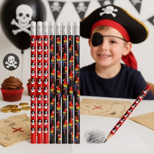STUWU Piraten-Bleistifte für Kindergeburtstag – 24x Mitgebsel Piratenparty – Schatzsuche Giveaways, Partytüten Füllung, Schulanfang, Kinder Mitbringsel & Party Deko