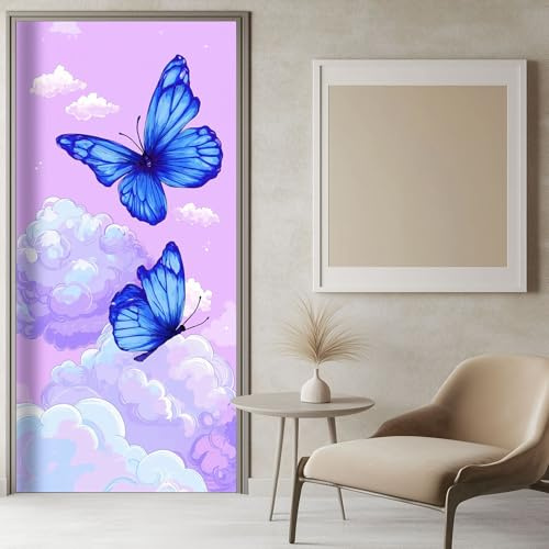 Adesivi per Porte 3D per Interne Stile Cartone Animato Farfalle Nuvole, Autoadesivo Poster Murale Decalcomanie Lilla Viola Rimovibile Soggiorno Cucina Camera da letto Parete 85x215 cm