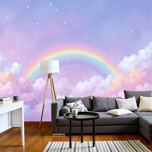 Carta Da Parati Fotografica 3D Effetto Cielo Arcobaleno Acquerello, Non Include Colla, Nuvole Sognanti Viola Chiaro Carta Per Pareti Soggiorno Camera Da Letto Sala Fotomurali Poster, 200X140Cm