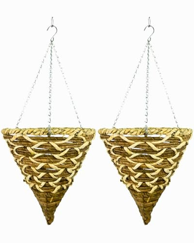 Growers Own Harewood 12” Cone Hanging Basket Planter – Decorative Hanging Plant Pot for Trailing Plants & Flowers. Durable Natural Banana Leaf & Corn Rope. Strong Metal Chains Included (Twin Pack)