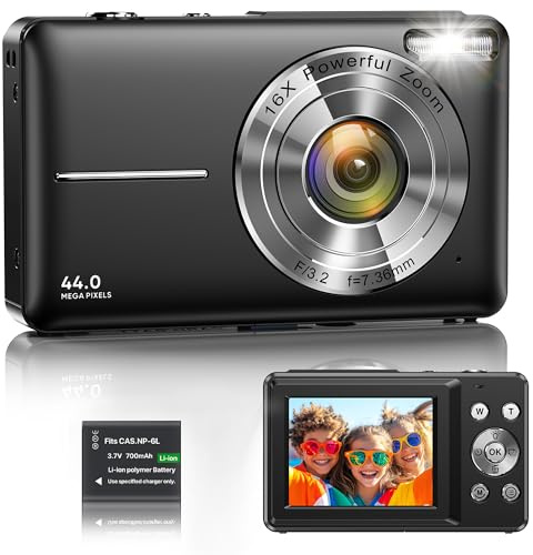 Digital Camera 1080P 44MP Vlogging Camera for Kids Teens, FHD Compact Portable Photo Camera with 2.4 Screen 16X Zoom, Anti-shake Mini Camera for Beginners Students Boys Girls-Black (No SD Card)