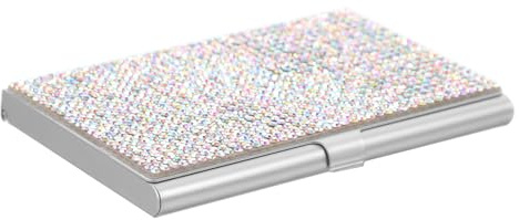 PRETYZOOM Caja para Tarjetas de Visita Metálica Incrustaciones de Cristal, Color Plateado, Tamaño Compacto, Organizador Portátil para Oficina y Puesto de Negocios, Estuche para Tarjetas