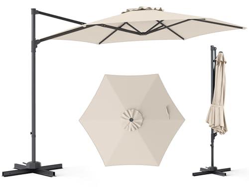 COSTWAY Sombrilla Terraza Exterior, Parasol Excentrico Jardín con Rotación de 360°, Varillas Metálicas y Base en Cruz, Parasol Colgante Exterior para Patio Terraza Piscina (300 cm,Beige)