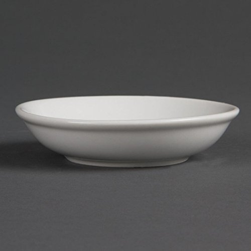 Olympia Whiteware Porcelain Soy Dishes 100mm, White (Pack of 12) | Oven, microwave and freezer safe with chip-resistant rolled edges to withstand busy commercial kitchen use.