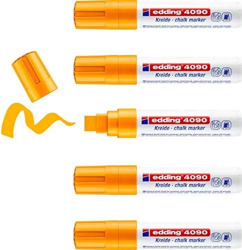 edding 4090 Kreidemarker - neon-orange - 5 Kreidestifte - Keilspitze 4-15 mm - breiter Kreidestift für Tafel abwischbar - zum Beschriften von Fenster, Glas, Spiegel - Tafelstift mit deckenden Farben