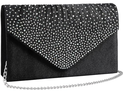 Wocharm Damen-Clutch, Satin, mit Strasssteinen, Umschlagtasche, Handtasche, Abendtasche, Brauttasche, Hochzeit, Mode, Abschlussball, Vintage, Schultertasche, Schwarz