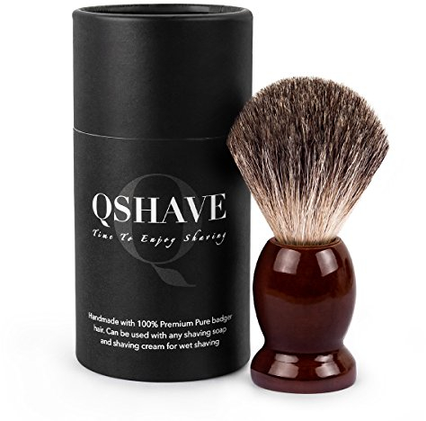 Qshave Rasierpinsel, handgefertigt aus 100 % echtem Dachshaar, mit Holzgriff, für Nassrasur mit Rasierhobel