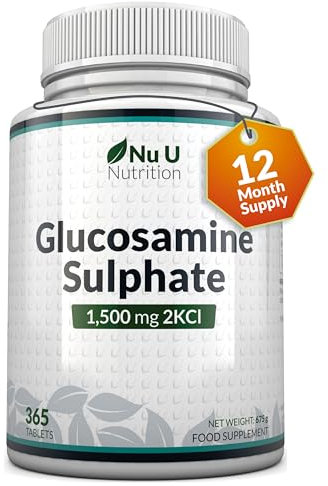 Glucosamina Solfato 1500 mg 2KCl Alto Dosaggio - 365 Compresse non Capsule - 1 Anno di Durata - Integratore per Articolazioni - Prodotto in Europa - Nu U Nutrition