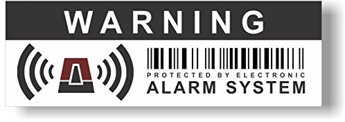 Klistermärken för inbrott och stöld - engelsk text Varning - skyddad av elektroniskt larmsystem - Dissuasiv även utan larm installerat - 12-pack - mått 10,5 x 3,5 cm