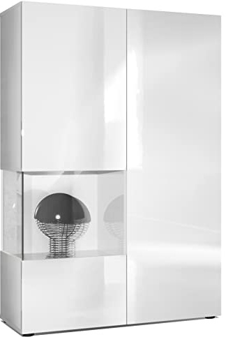 Vladon Vitrine Kommode Hochschrank Morena, Made in Germany, Korpus in Weiß matt/Rechte Tür und der Einsatz in Weiß Hochglanz