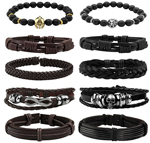 MILAKOO Braided Leather Bracelets for Men Women Wooden Beaded Bracelets Wrap Adjustable