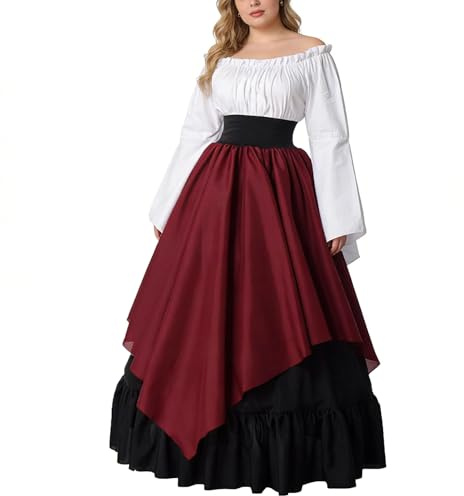 BPURB Damen Mittelalter Kleidung Renaissance Kostüm Kleid Trompete Ärmel Viktorianische Kleider (Hemd und Rock mit Petticoat)