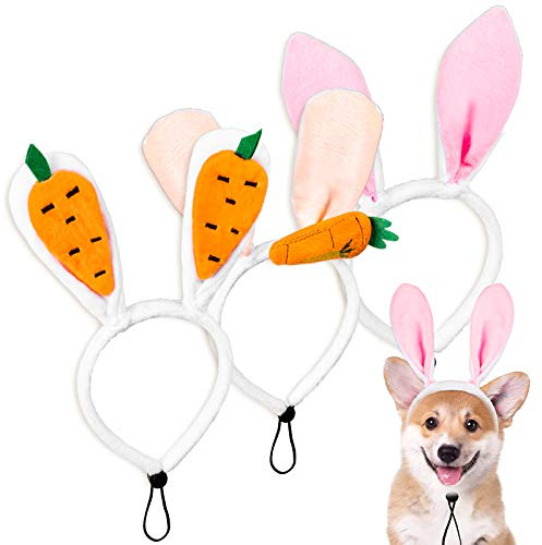 Whaline 3Pcs Easter Dog Headbands, Cute Bunny Ear & Carrot Design, Adjustable Size 4.3 x 10.2 Inch, Easter Spring Party Rabbit Pet Costume Accessories for Dogs & Cats
