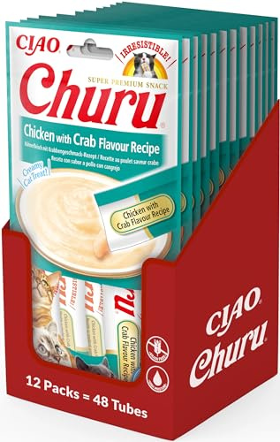 INABA Churu - Friandises pour Chats en Purée au Poulet et Crabe - Délicieux Snacks pour Félins - Texture Lisse et Onctueuse - Nourriture pour Chats - 48 Tubes x 14g
