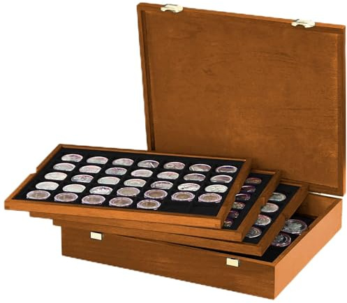 LINDNER Echtholz Münzkassette mit 4 schwarzen Tableaus für 127 Münzen unterschiedlicher Ø