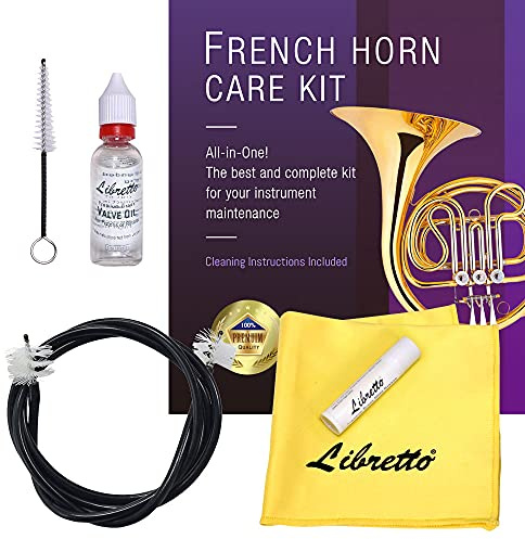 Libretto French Horn ALL-INCLUSIVE Cleaning & Care Kit with Instructions: Valve Oil + Slide Grease + Cleaning Cloth + Mouthpiece & Bore Brushes, Giftable Handy Case. Clean & Extend Life of your Horn