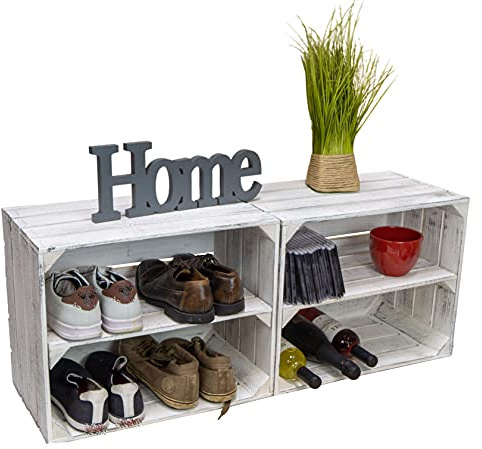 Holzkisten Shabby weiss Schuhablage Schuhständer DIY Upcycling Regalbau Schuhaufbewahrung für Kinder und Erwachsene stabiles Regal in Obstkisten Weinkisten Optik (Shabby weiss Längs, 2er Set)