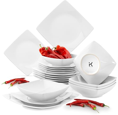 KONSIMO EPIRI Geschirrset 6 Personen, 18-teiliges Tafelservice aus Steinzeug – Modernes Teller Set mit Speisetellern, Frühstückstellern & Schalen Geschirr Set (Weiß, für 6 Personen)