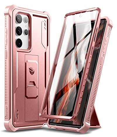 Dexnor Kompatibel mit Hülle Samsung Galaxy S22 Ultra 5G mit integrierter Displayschutzfolie 360 ​​Ganzkörper-Stoßschutz-Stoßschutzhülle in Militärqualität mit Ständer – Pink