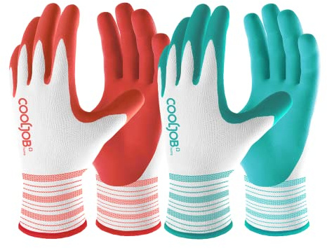 COOLJOB Gartenhandschuhe für Damen, 2 Paar Superior-Grip Arbeitshandschuhe, atmungsaktive Gartenhandschuh, Gartengeschenk, Mittlere Größe passt den meisten, Rot & Grün