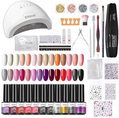 ROSALIND Gel Nagellack Starterset Mit UV Lampe 48W, 28x Mini Lacken Nail Art Manicure Set Mit Base und Top Matte Coat