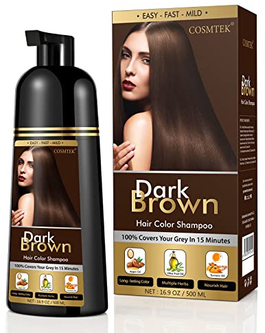COSMTEK Dark Brown Hair Dye Shampoo Permanent for Men&Women,Instant Hair Color Shampoo for Gray Hair Coverage and Beard,3-In-1 Shampoo for Color Treated Hair,Lasts 30 Days/500ml/Ammonia-Free/Natural herbal Ingredients.