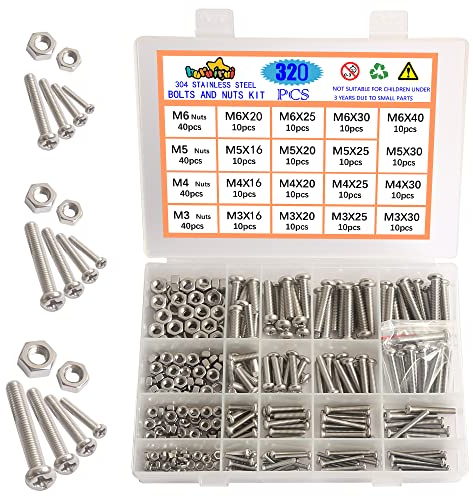 huruirui Muttern und Schrauben Set M3 M4 M5 M6 304 Edelstahl Rundkopf Kreuzschrauben und Muttern Kit Hexagon-Maschinenschraube mit Aufbewahrungskasten 320PCS