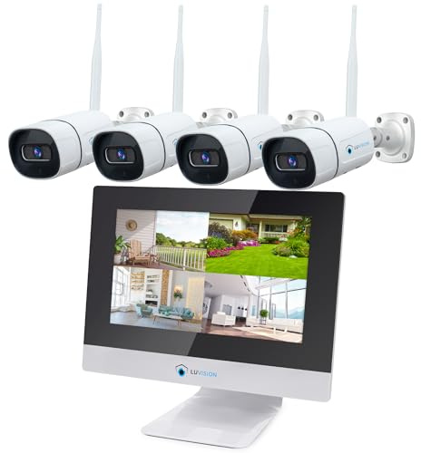 【3MP+Mikrofon+PC Software】 Dual WLAN Funk Überwachungssystem mit Monitor, Überwachungskamera Set Nachtsicht in Farbe, KI Personenerkennung, 2-Wege Audio, 10 Kanal NVR, 4 WiFi Kameras für Aussen