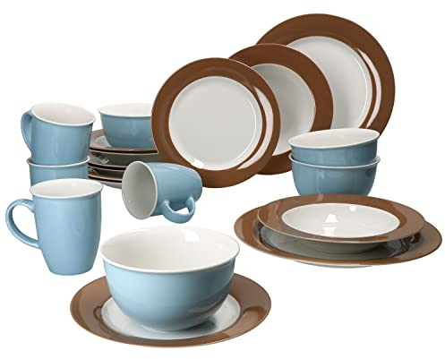 MamboCat Service combiné Doppio Duo 20 pièces pour 4 personnes I 4 tasses à café, 4 bols à céréales, 4 assiettes à gâteaux, 4 assiettes creuses et 4 assiettes plates, blanc, marron et bleu