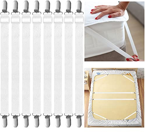 WINKIO Bettlakenspanner Verstellbar, 8 Stück Elastische Spanner für Bettlaken, Weiß Lakenspanner mit Metallclips, bettlaken spanngurte für Bettlaken, Matratze, Bügelbrett Oder Sofa